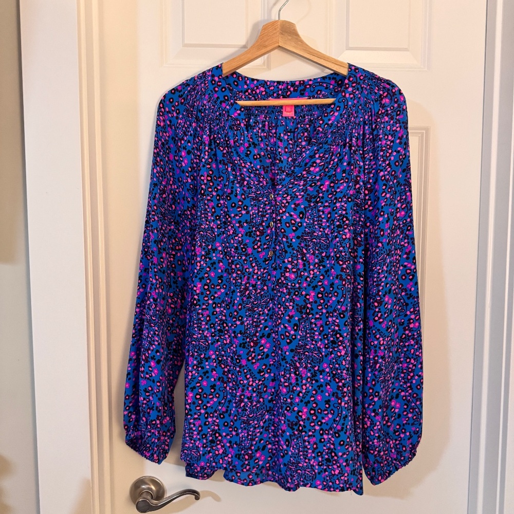 Lilly Pulitzer EUC XL Elsa 100% silk Blue Flare Growl and Prowl